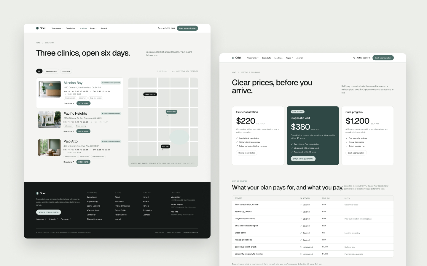 Oriel locations and pricing and insurance pages