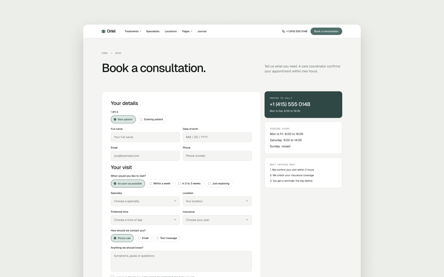 Oriel consultation booking request page