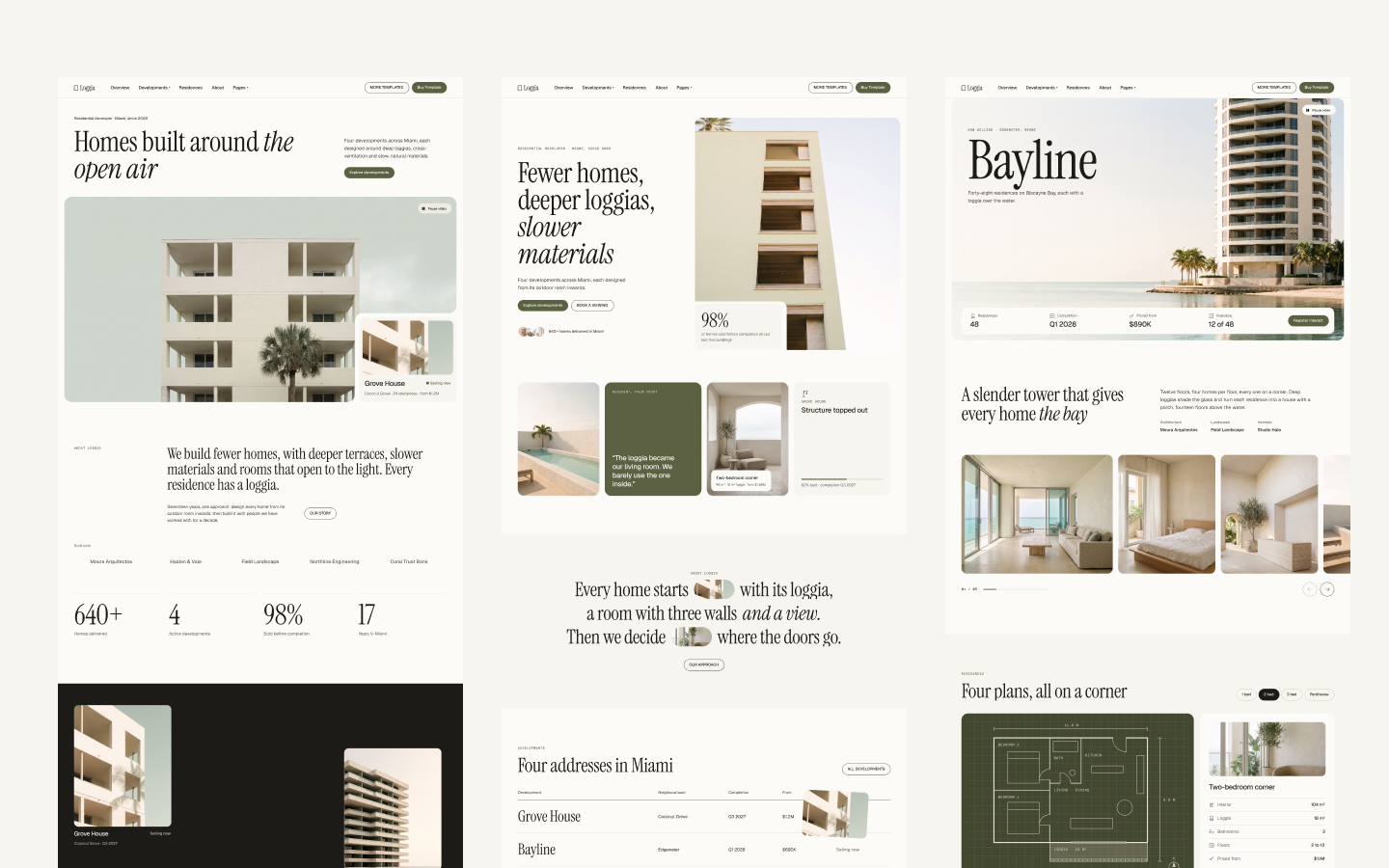 Three Loggia home page layouts for residential developers