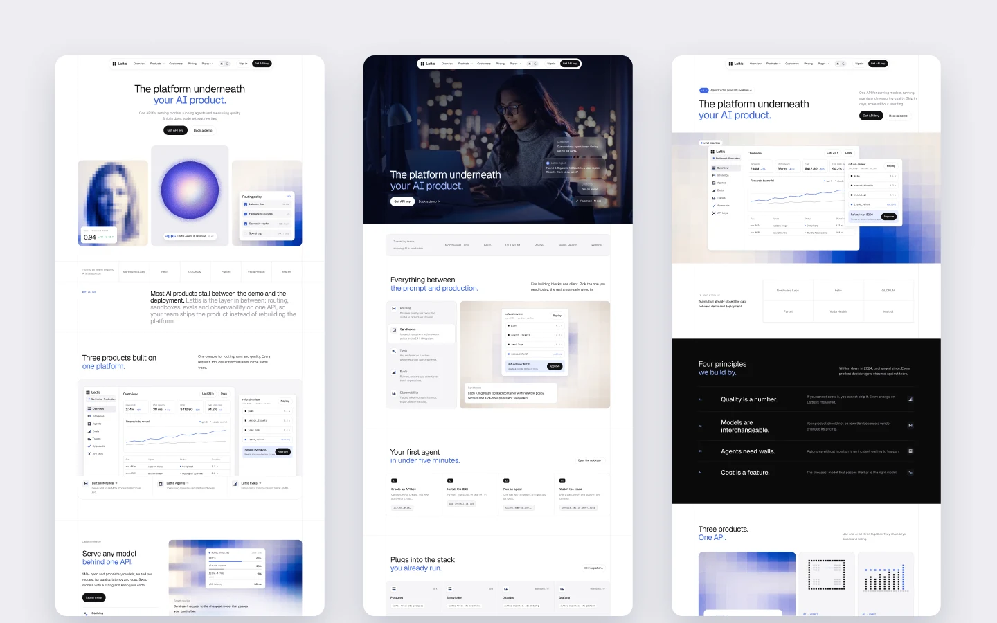 Three Lattis home page layouts for AI and developer platforms