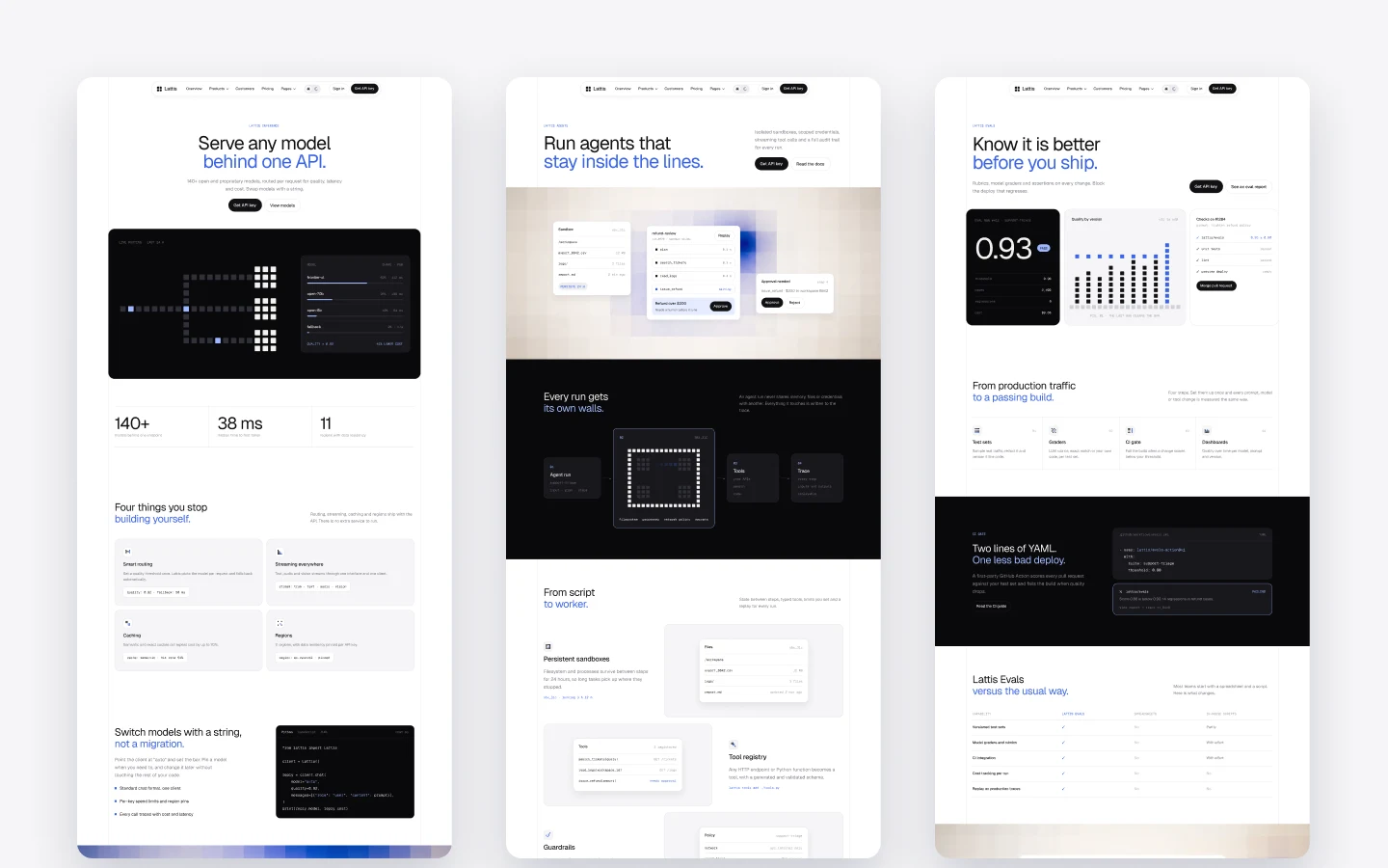 Lattis product pages with code samples and benchmarks