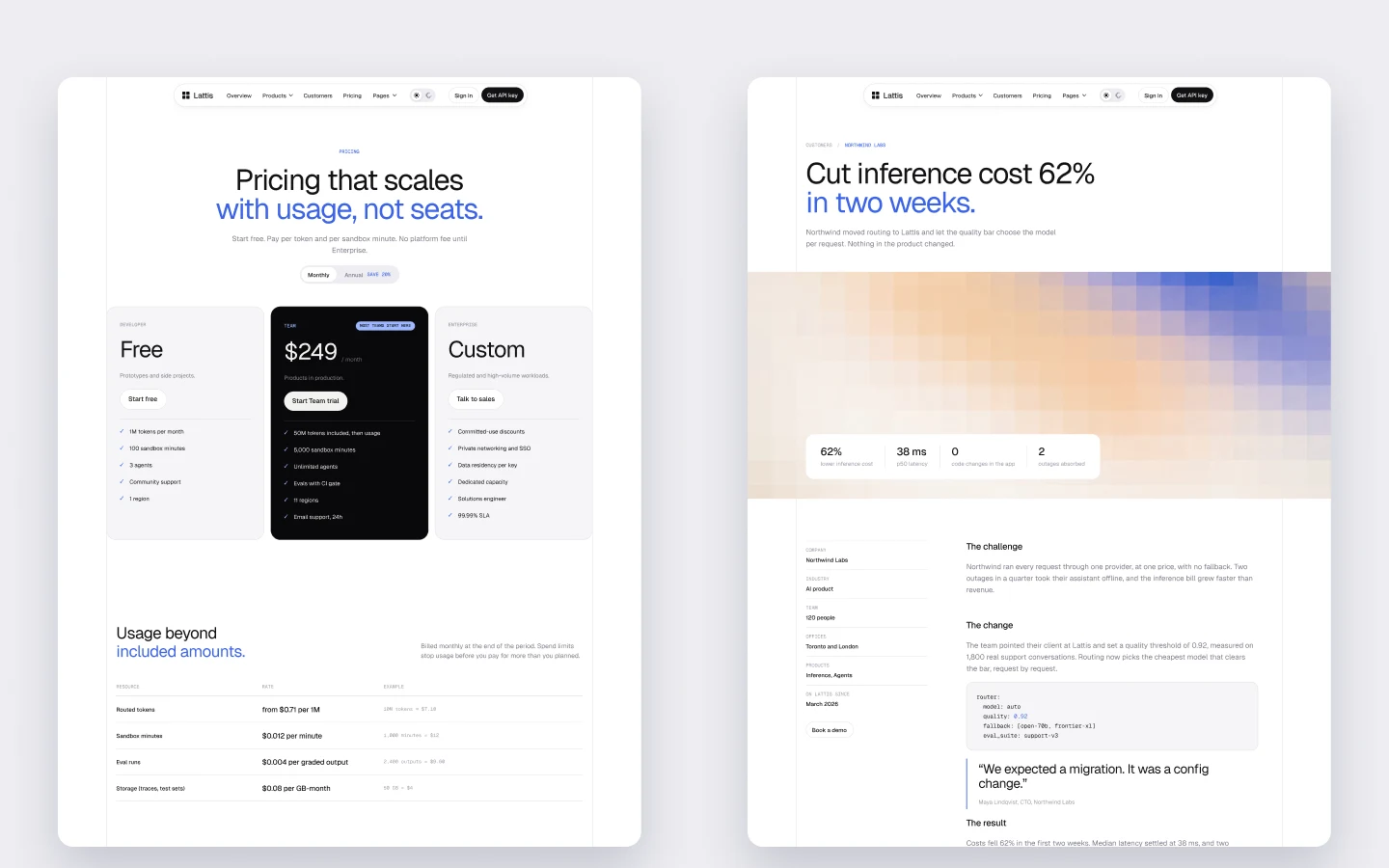 Lattis pricing page and customer story