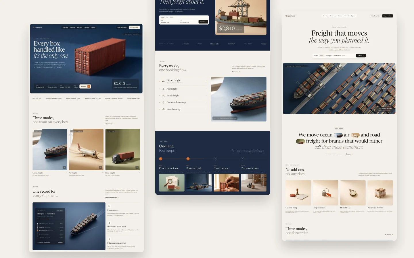 Three LaneWise home page layouts for freight forwarders