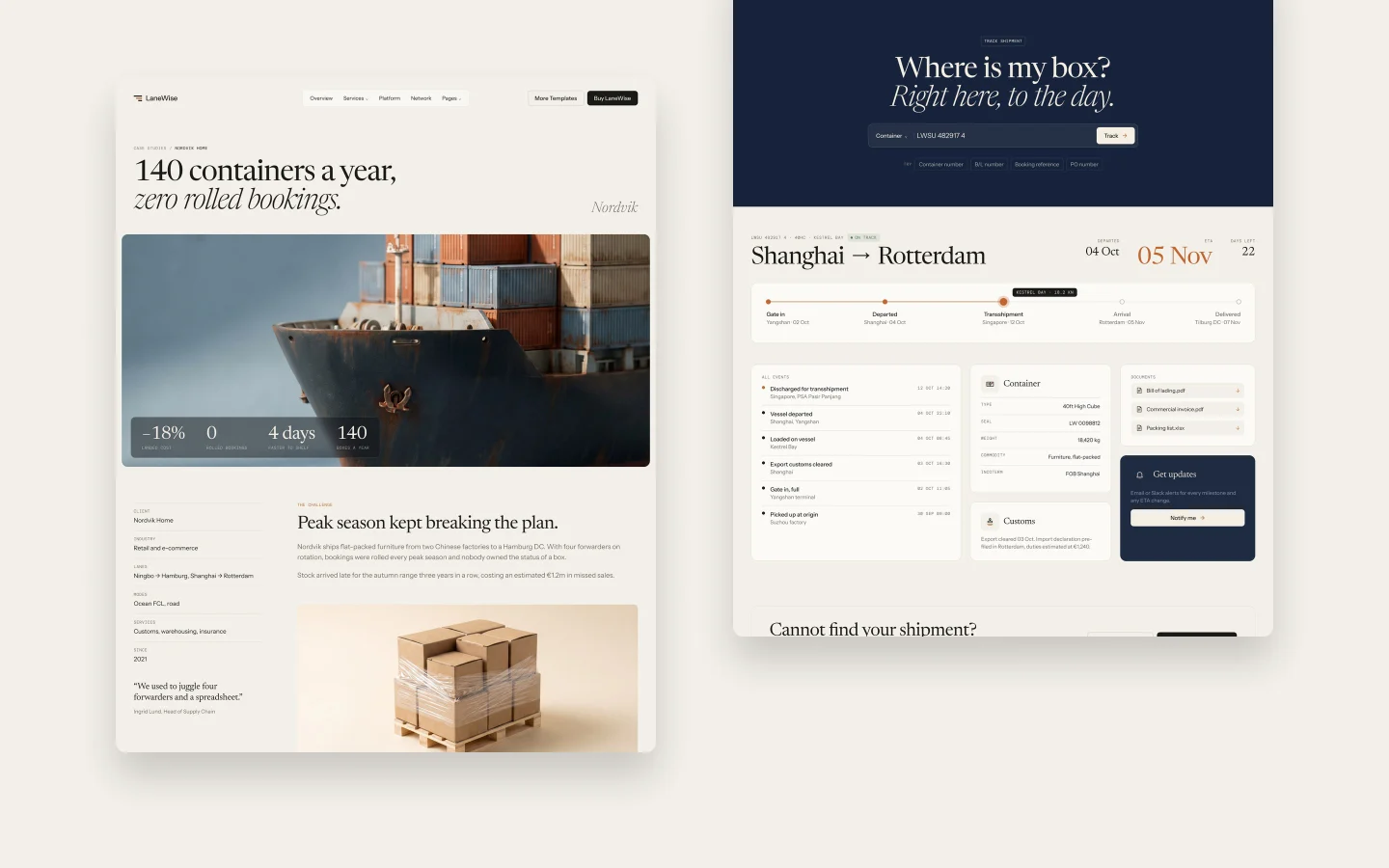 LaneWise case study and shipment tracking pages