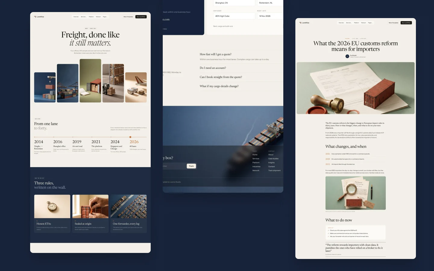 LaneWise about, contact and insight pages
