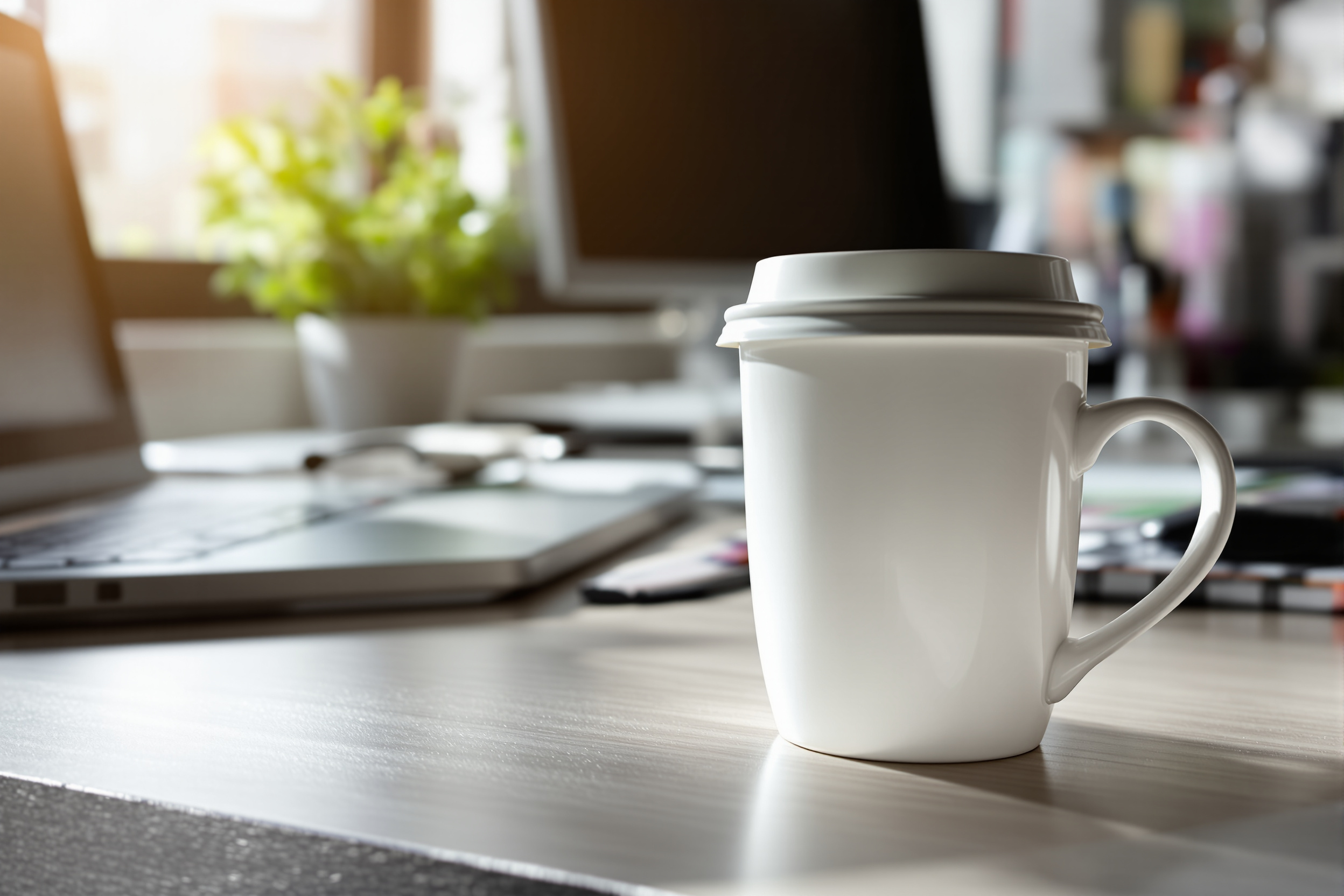 Coffee cup on an office desk under natural light, illustrating coffee badging and attendance analytics in hybrid workplaces.