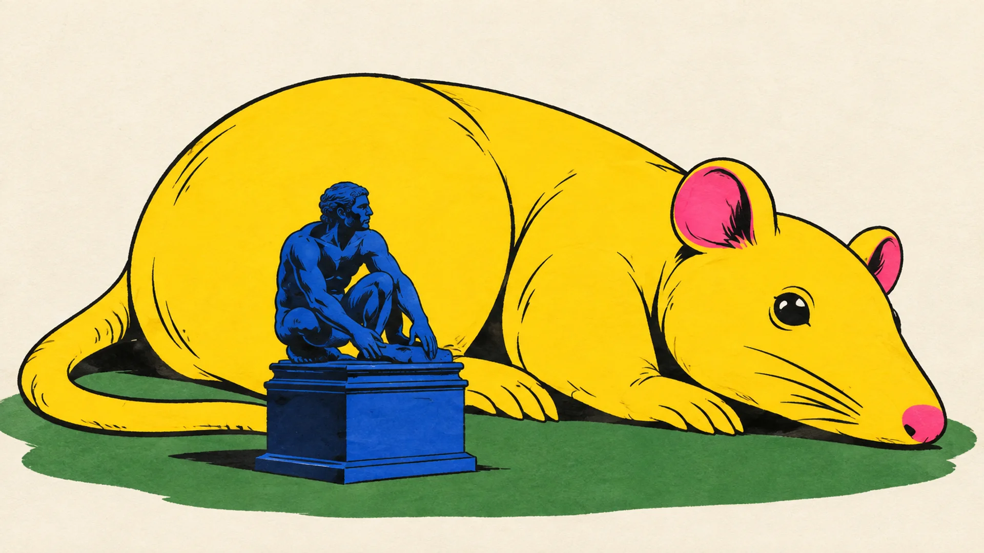 Redaktionel illustration: En stor gul rotte med pink ører ved en lille koboltblå parkstatue.