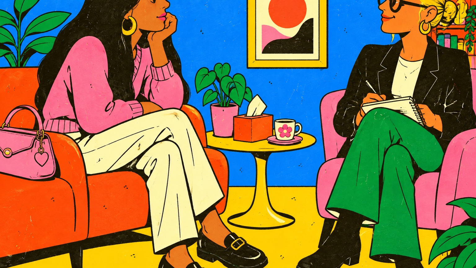 Fri illustration af Anne i en orange stol over for psykologen Malene, der sidder med en notesbog.