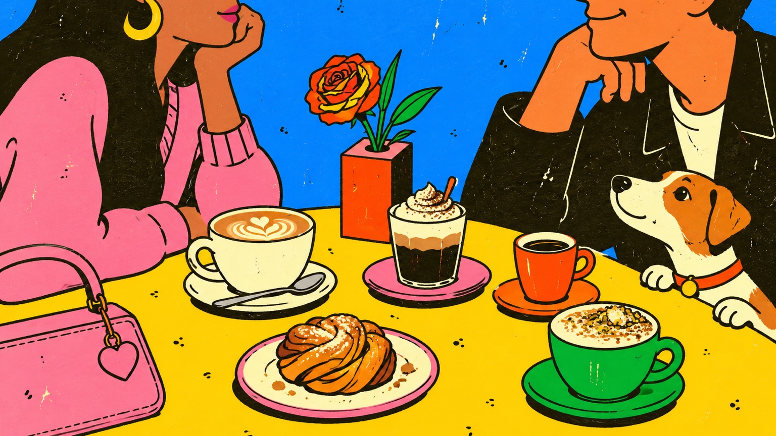 Fri illustration af Anne og Kasper ved et bord med fire forskellige kaffedrikke og en lille hund.