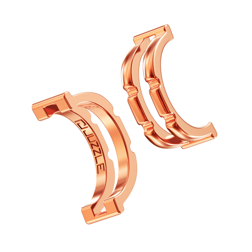 Isolated rose gold puzzle modules from Juzzle ring system, clean studio render.
