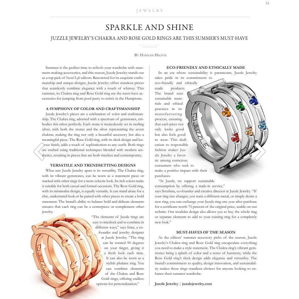 Promotional image of Juzzle ring published in fashion editorial with product description.