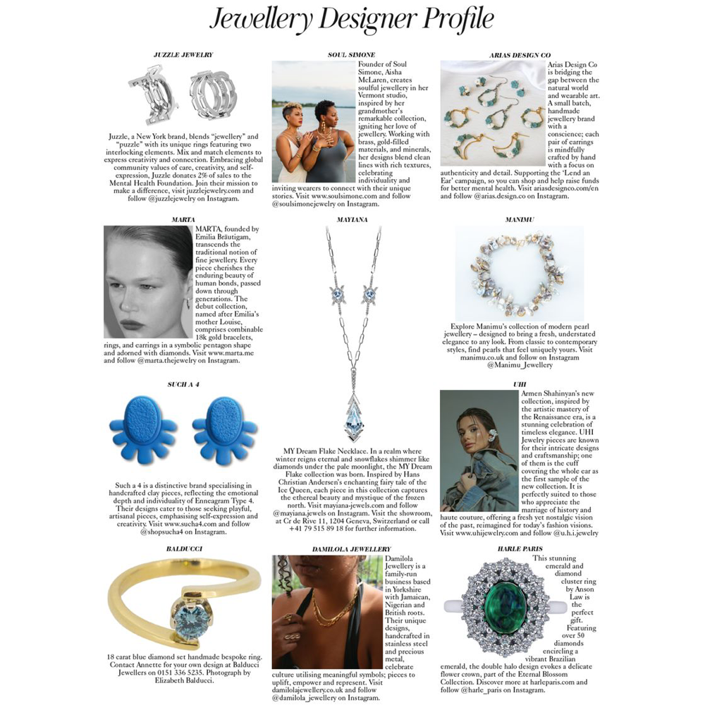 Visual infographic of Juzzle ring collection with product breakdown and metal finishes.