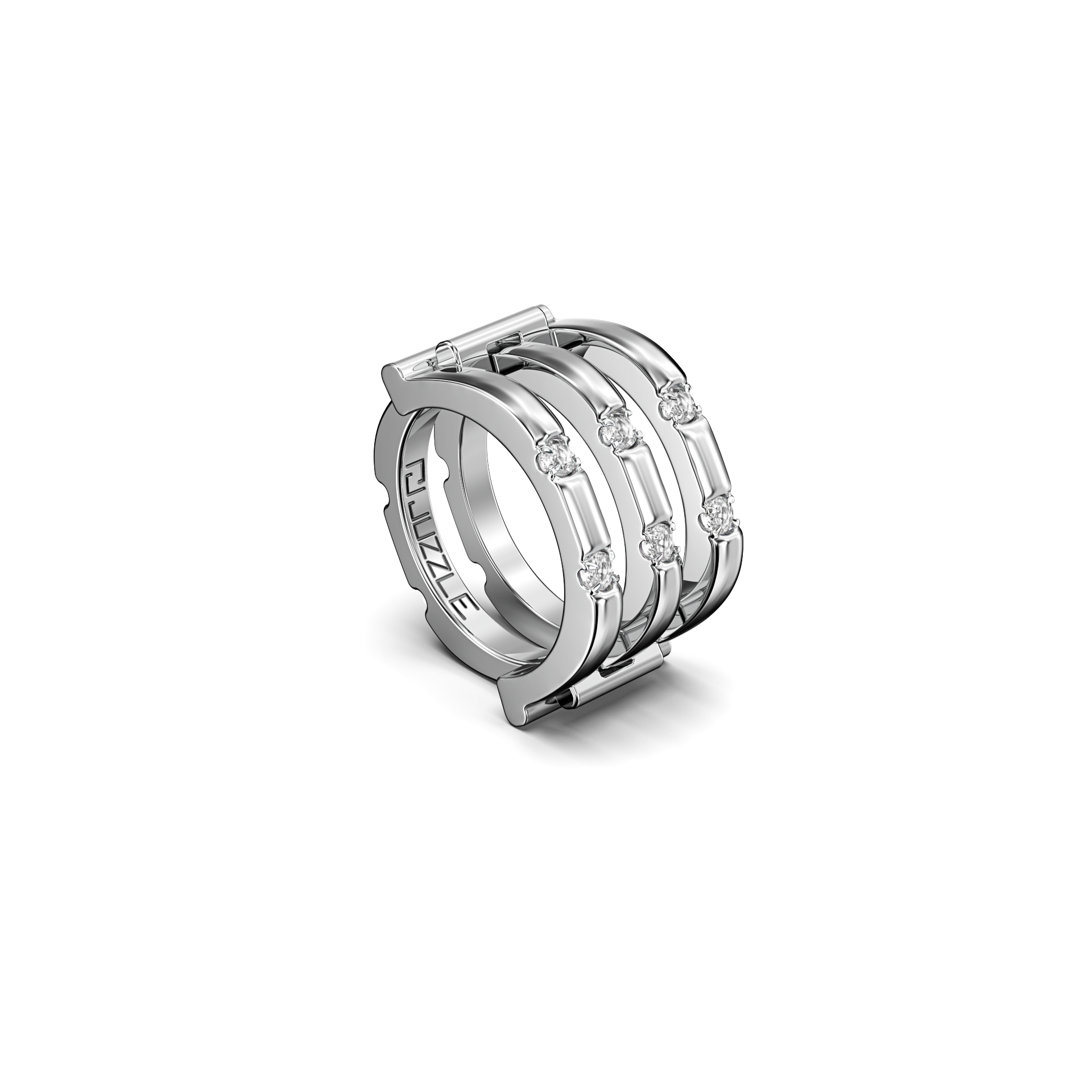Stacked silver Juzzle ring showing layered design and polished metal surface.