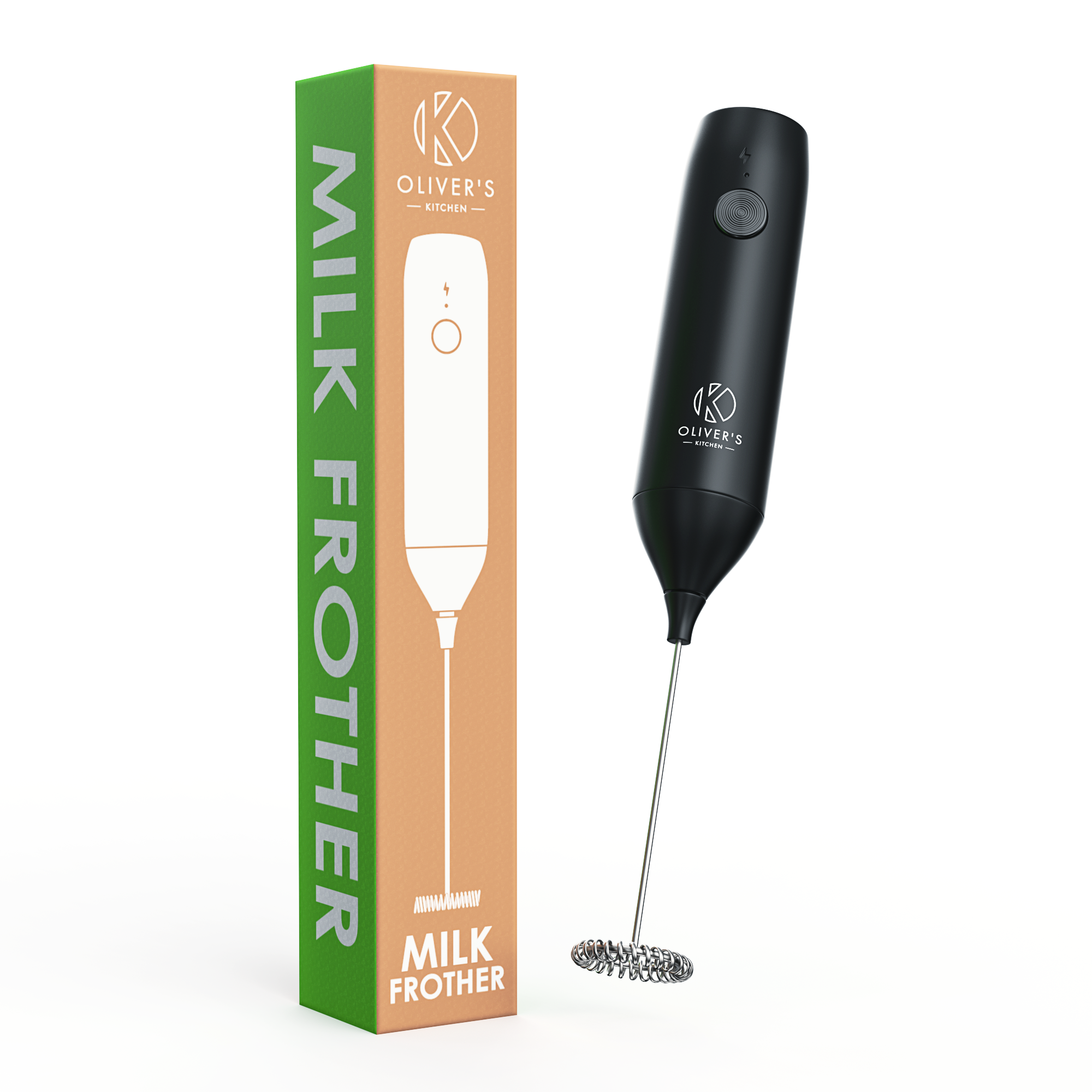 Oliver’s Kitchen black milk frother displayed standing next to branded retail packaging, isolated on a white background.


