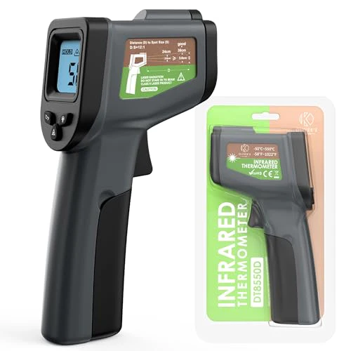 Oliver’s Kitchen infrared thermometer gun DB650D model with digital screen and retail packaging for non-contact temperature measurement.