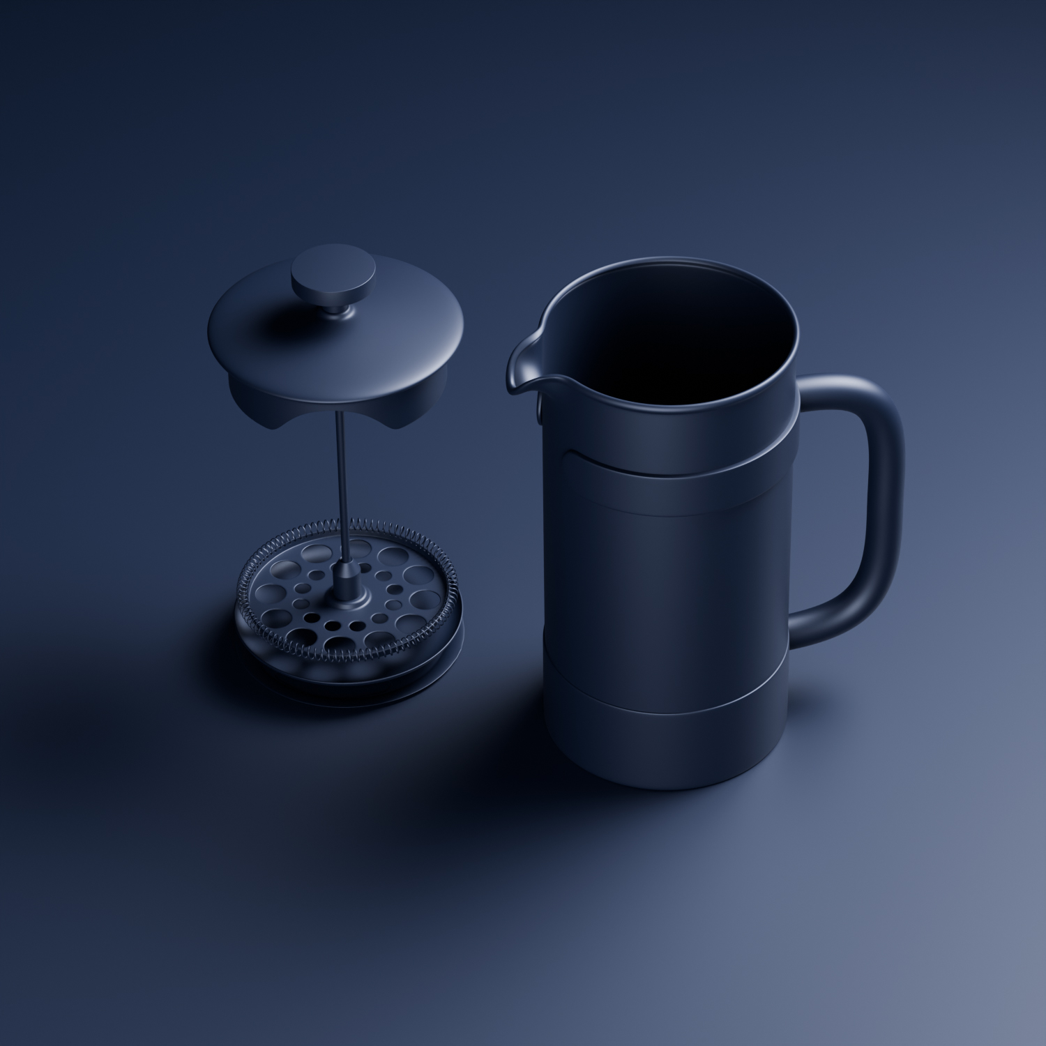 3D render of a matte black French press with coffee grounds and lid on a dark background