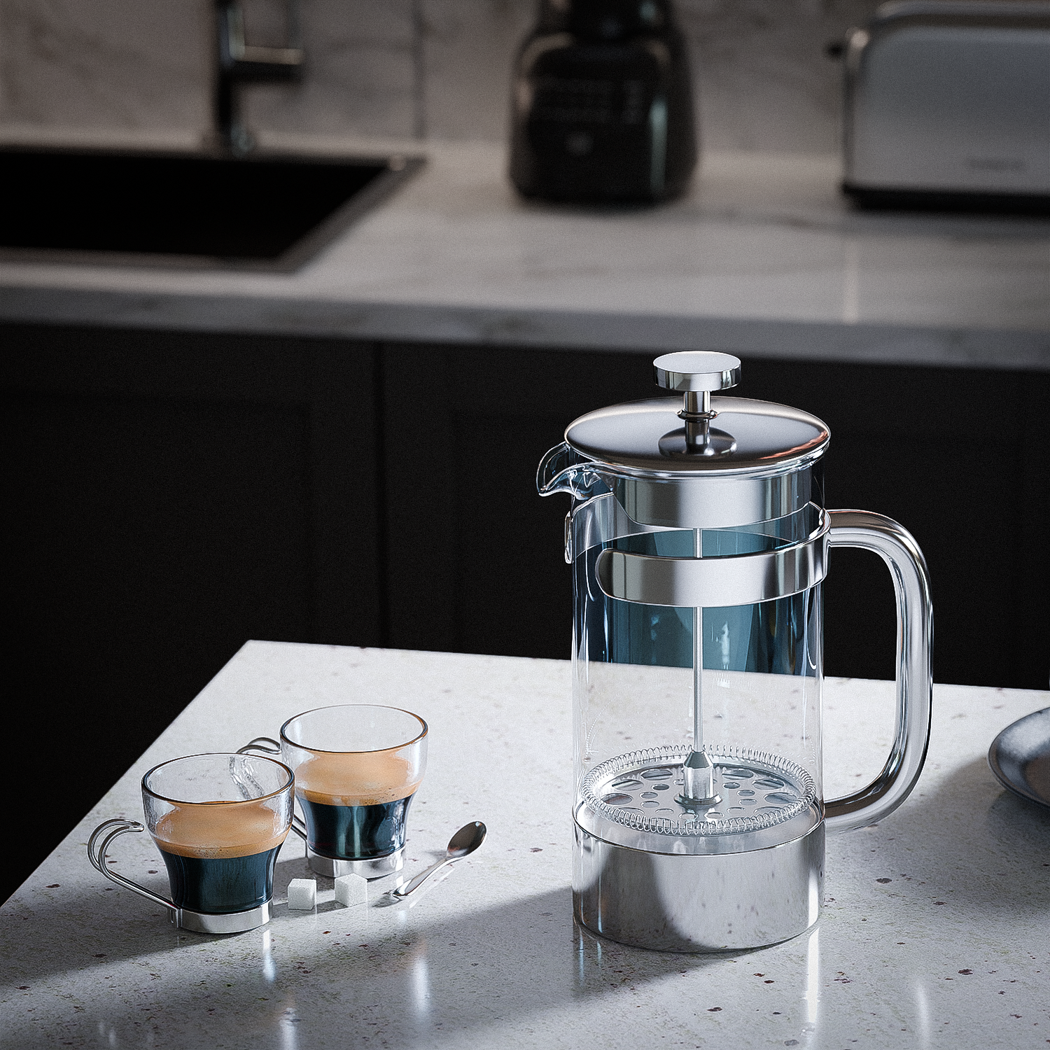 Photorealistic 3D render of French press on a modern kitchen counter with coffee cups.