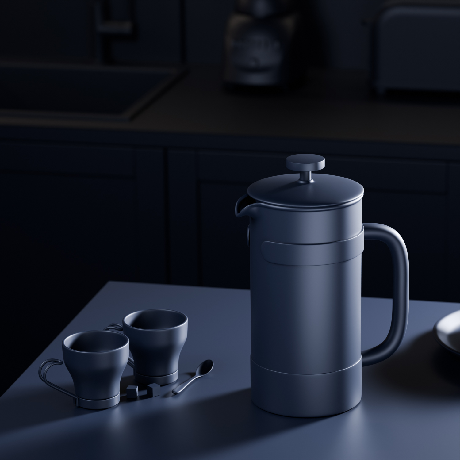 3D render of matte black French press with lid and ground coffee on dark surface