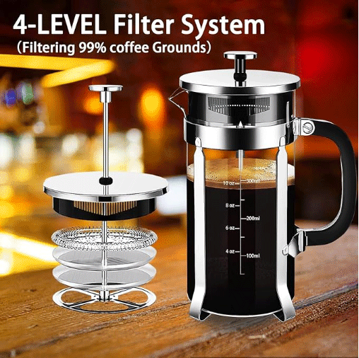 Exploded view of French press showing 4-level filter system with coffee layers.