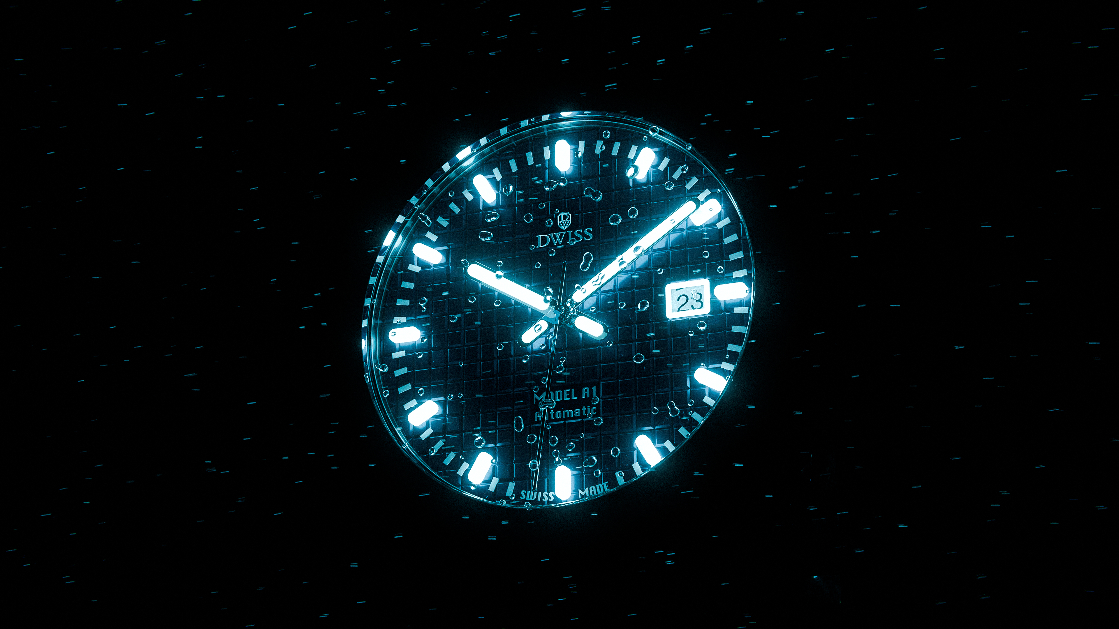 Watch dial with glowing lume effect in dark setting.