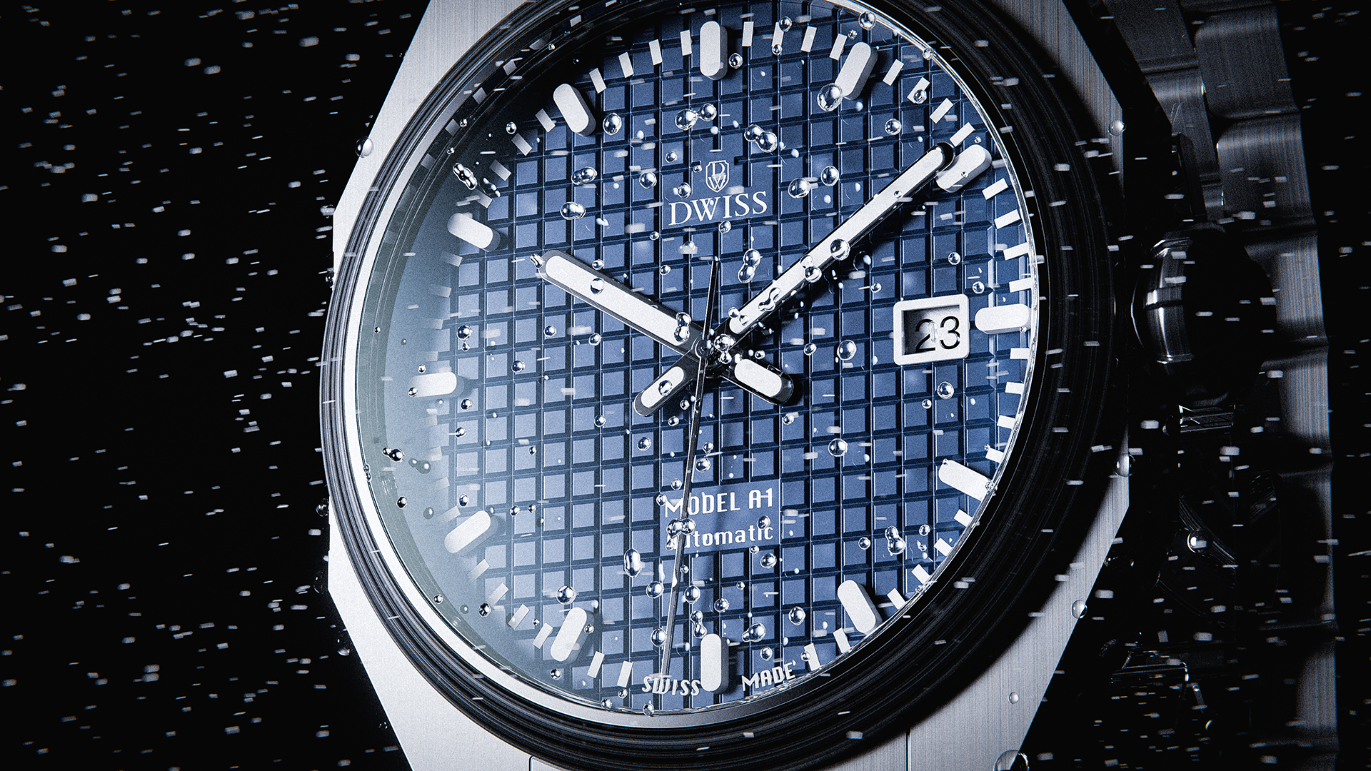 Angled shot of DWISS A1 watch showing blue textured dial.