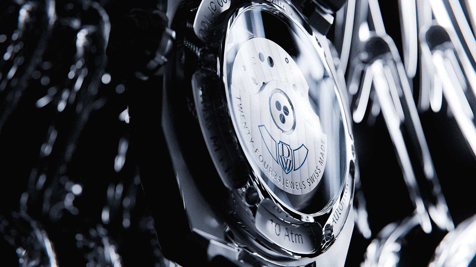 DWISS A1 watch encased in reflective transparent tubes.