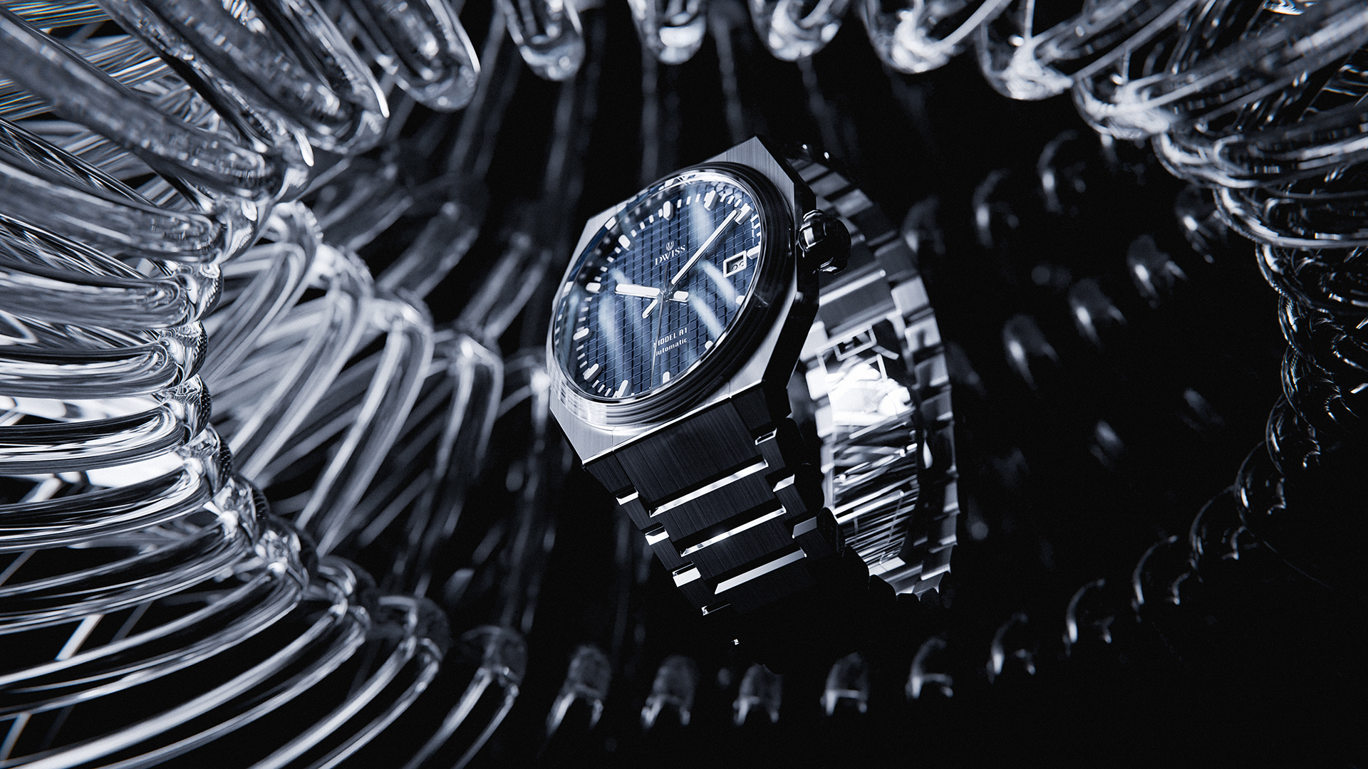 Front-facing hero render of DWISS A1 watch.