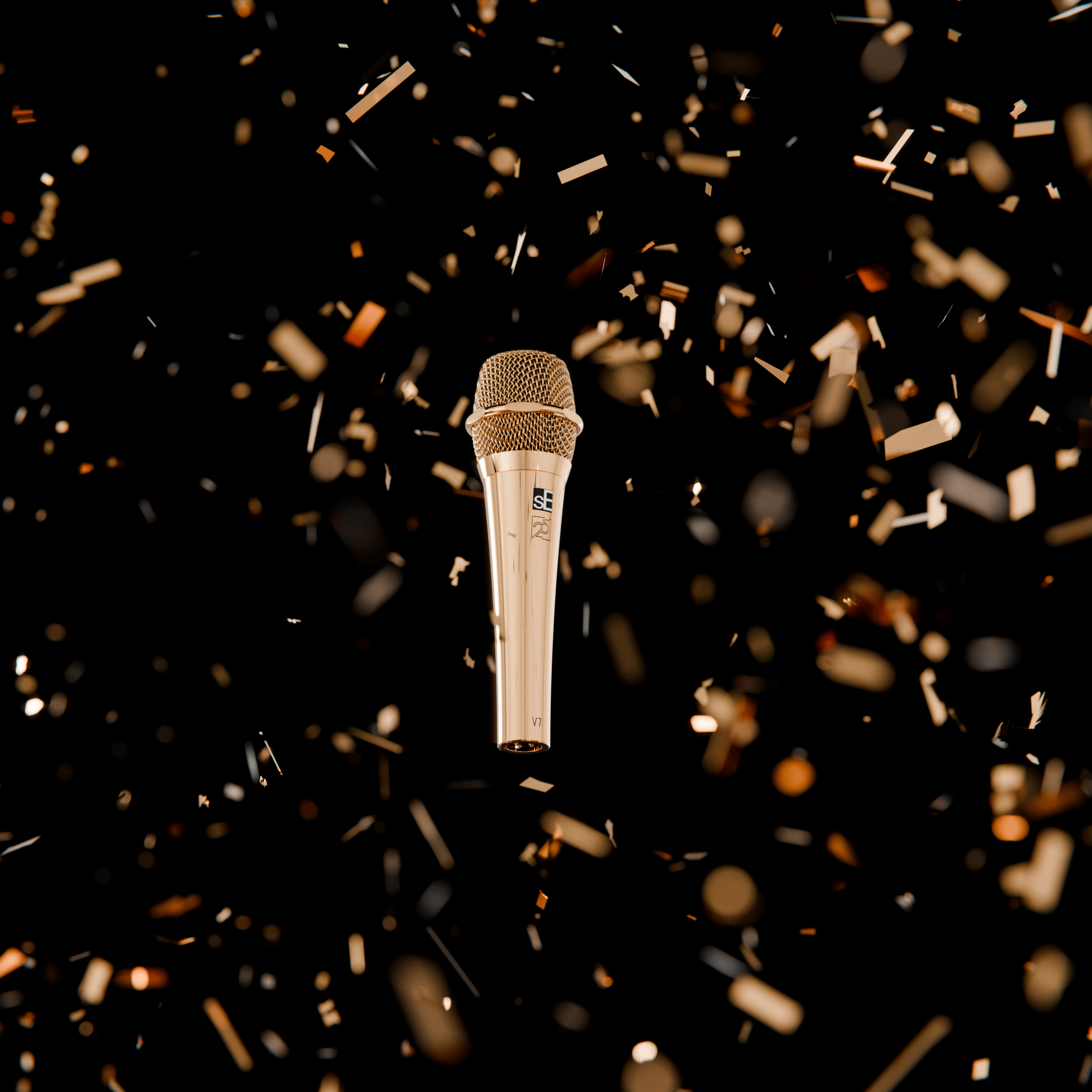Looping confetti animation celebrating the microphone launch