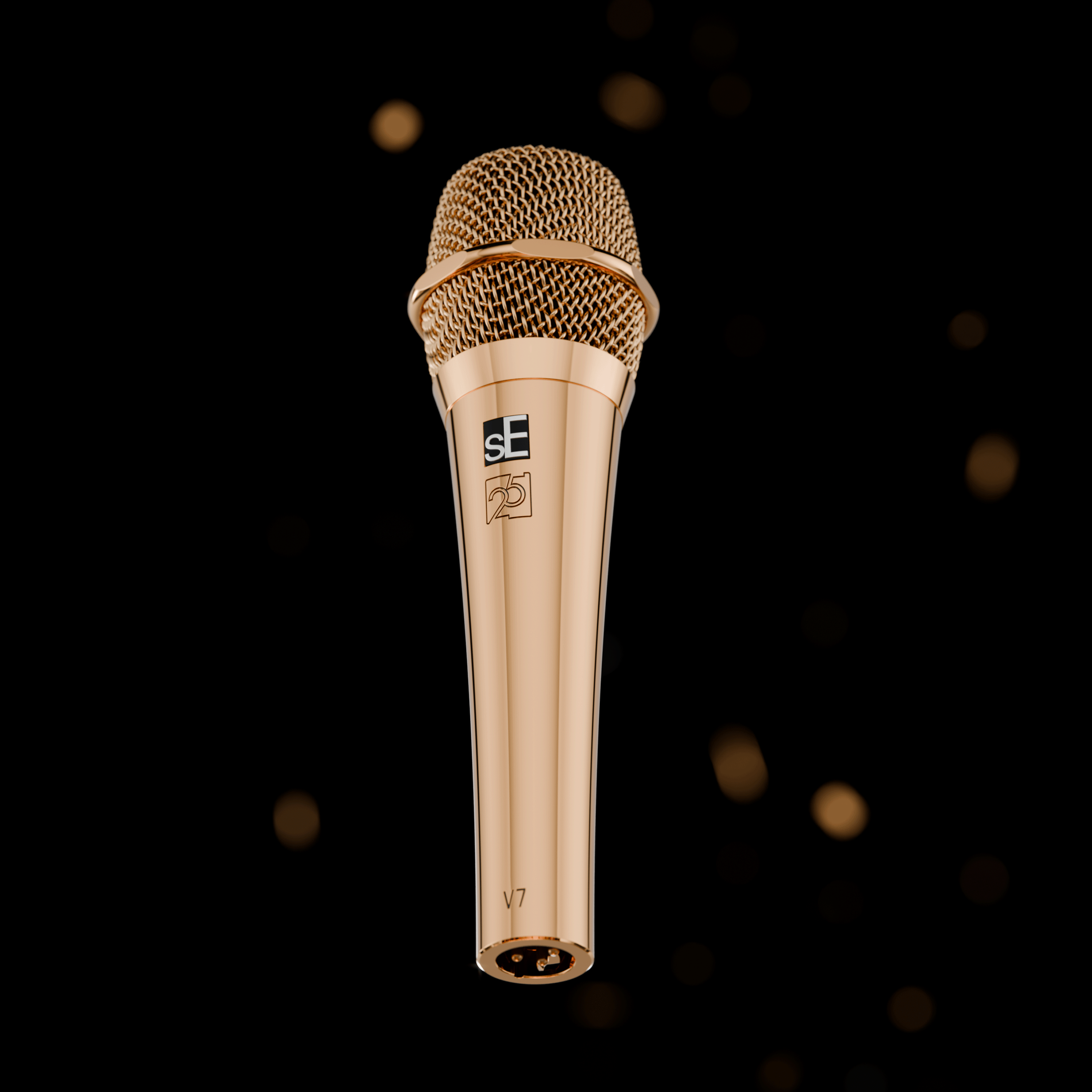 Full product reveal of the golden sE mic on black background.