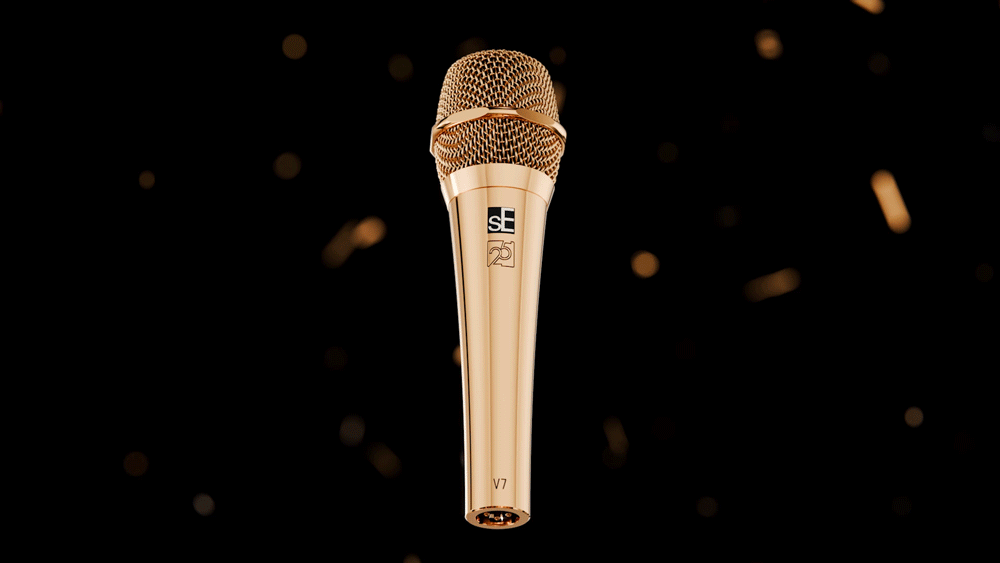 Frontal spinning view of the golden sE V7 microphone.