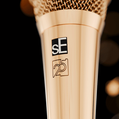 Close-up animation of golden sE Electronics microphone with 25th anniversary logo