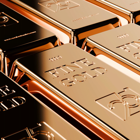 3D animation of stacked gold bars engraved with 25th anniversary mark.