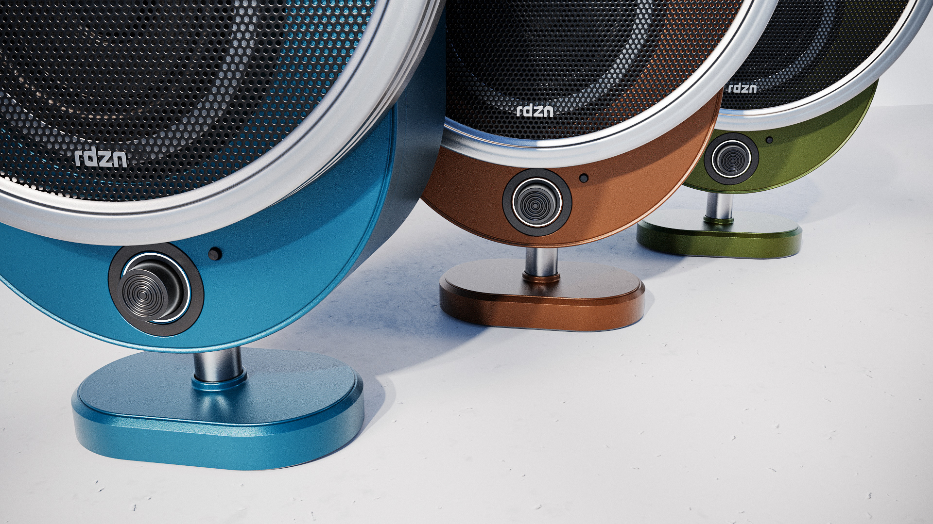 A product render showing two speakers side-by-side, likely demonstrating color or material variants.