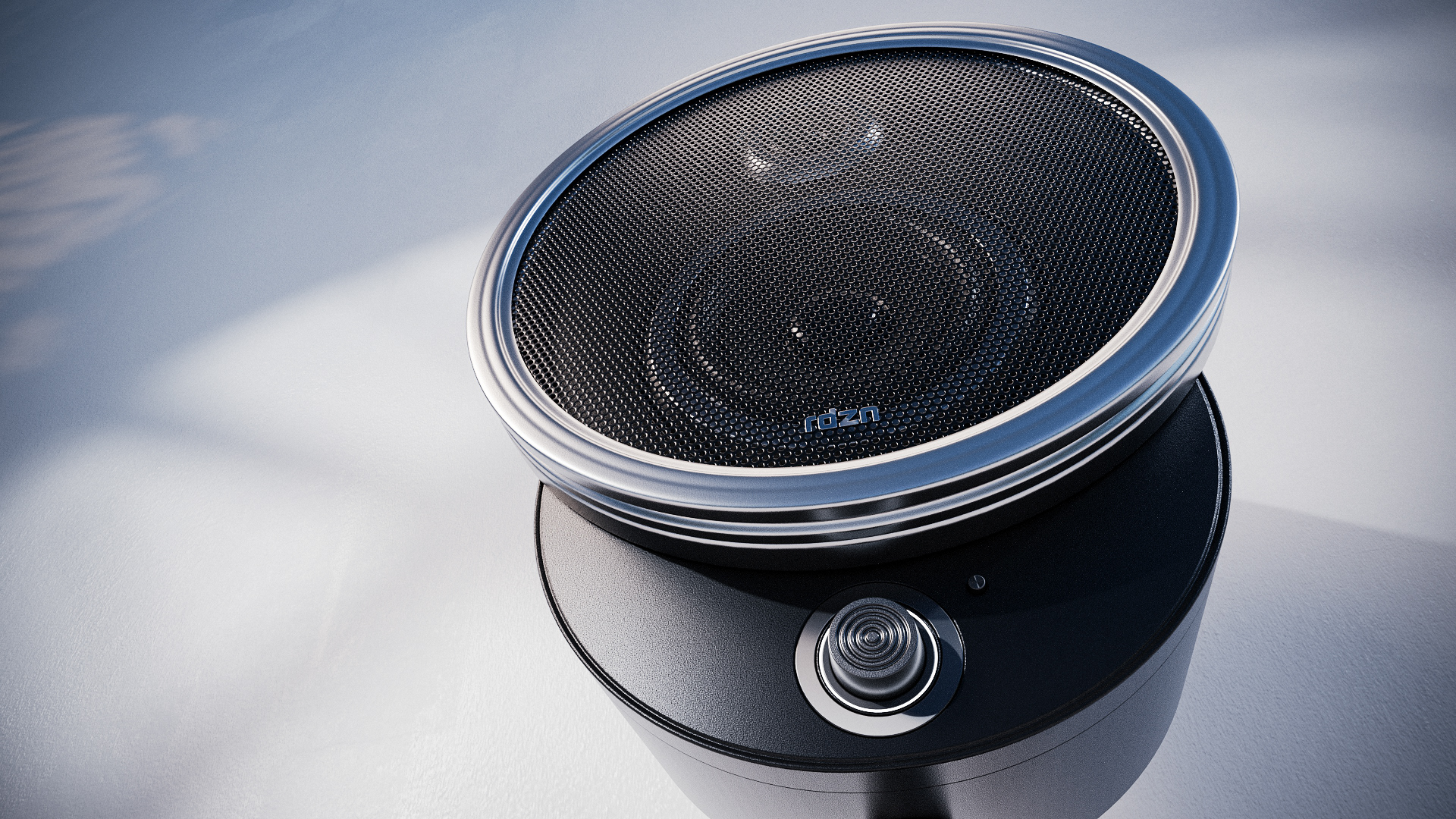 An angled view of the speaker, showing its side profile and the speaker grill.