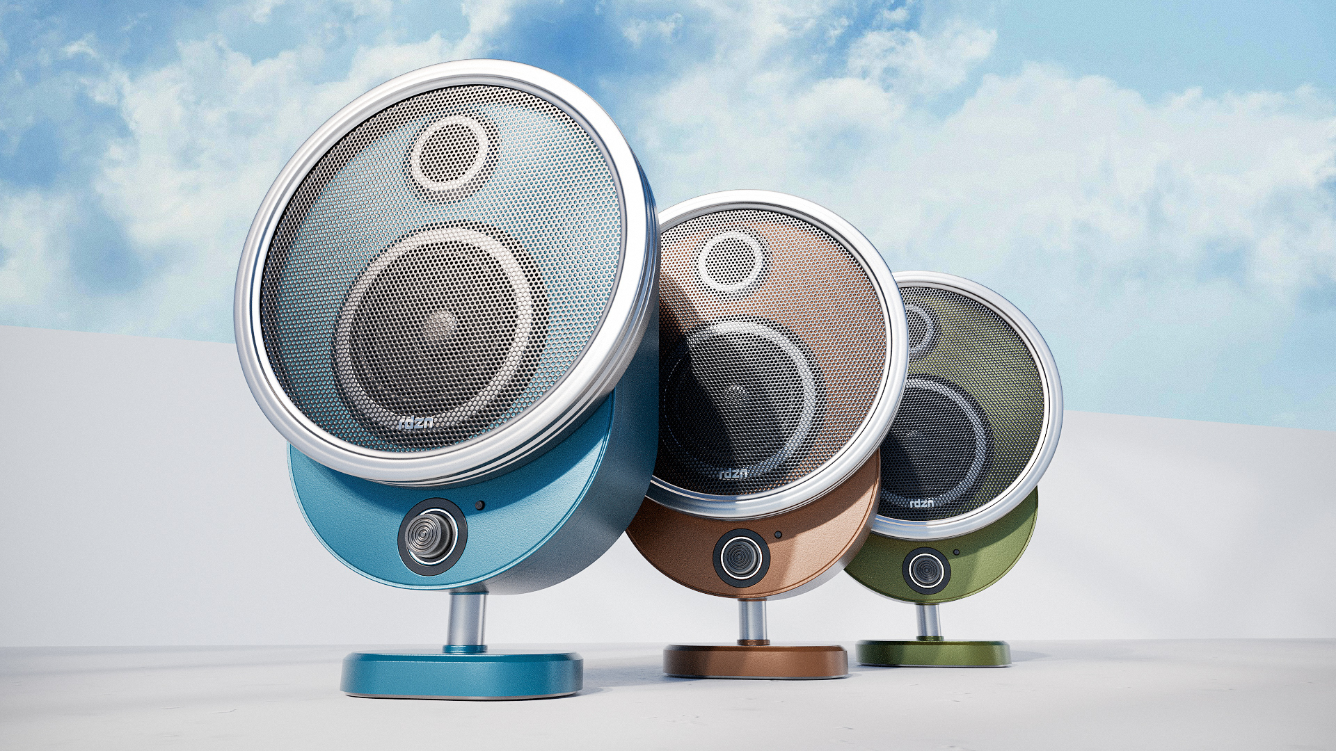 A straight-on render of the speaker on a dark, reflective surface, highlighting its form.
