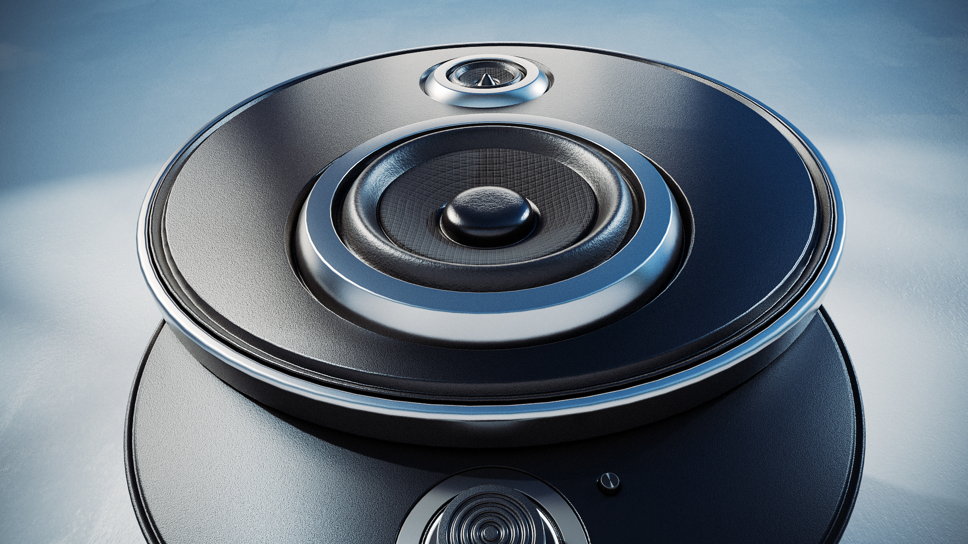 A wide-angle render of the speaker in a full room setting, showing its scale within a space.