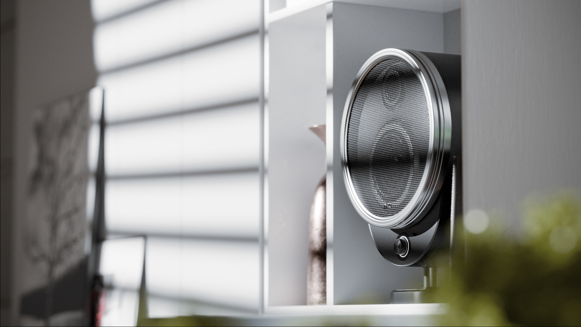 A 3D render of the speaker placed in an indoor setting with a window and blurred background.