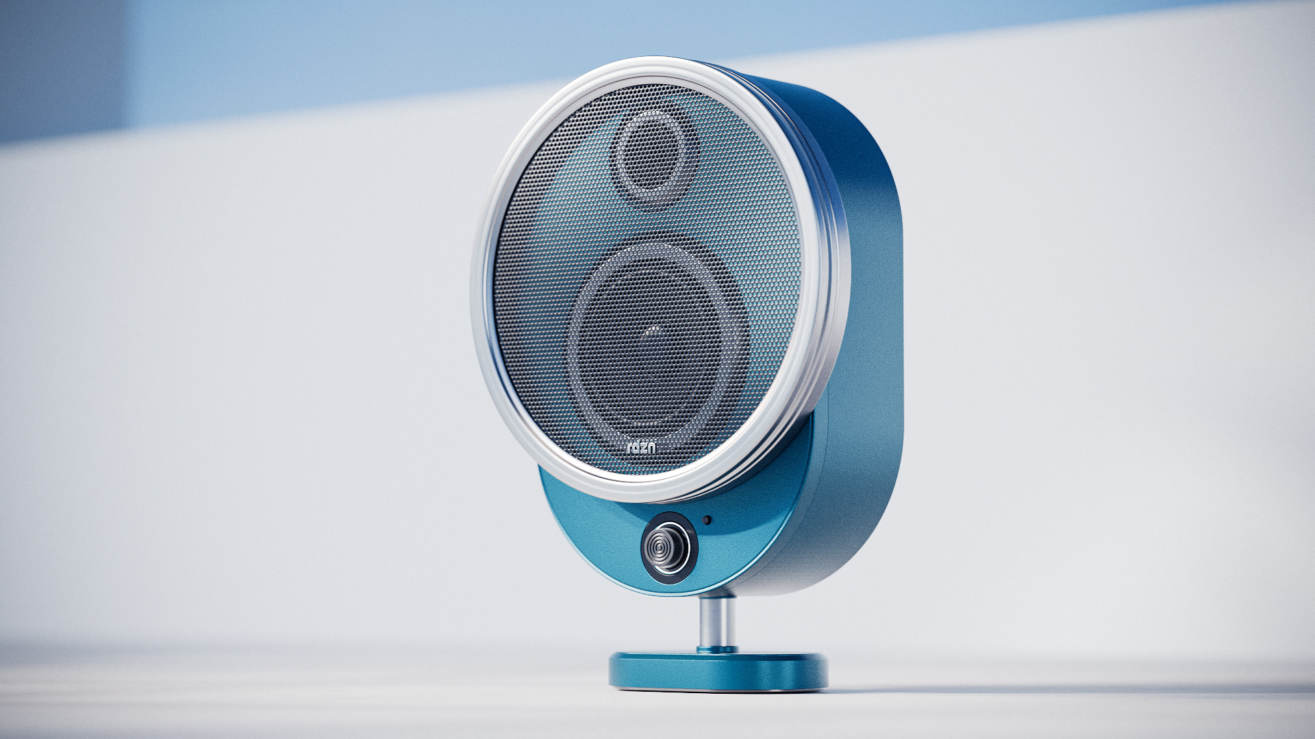A product render of the Bluetooth speaker in an environment with a blue sky and soft shadows.