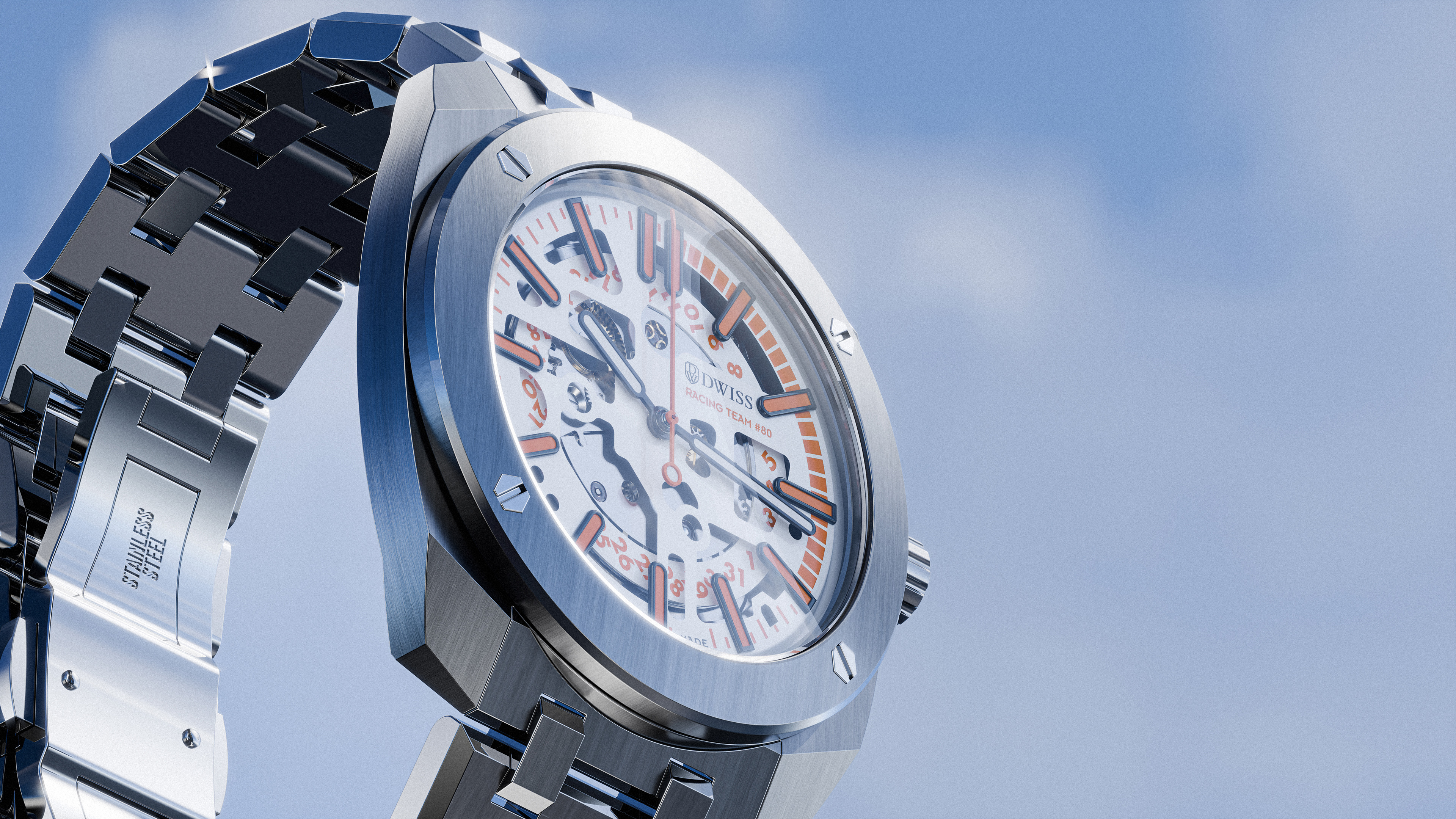 A render of the DWISS watch next to various items, suggesting a lifestyle or product context.
