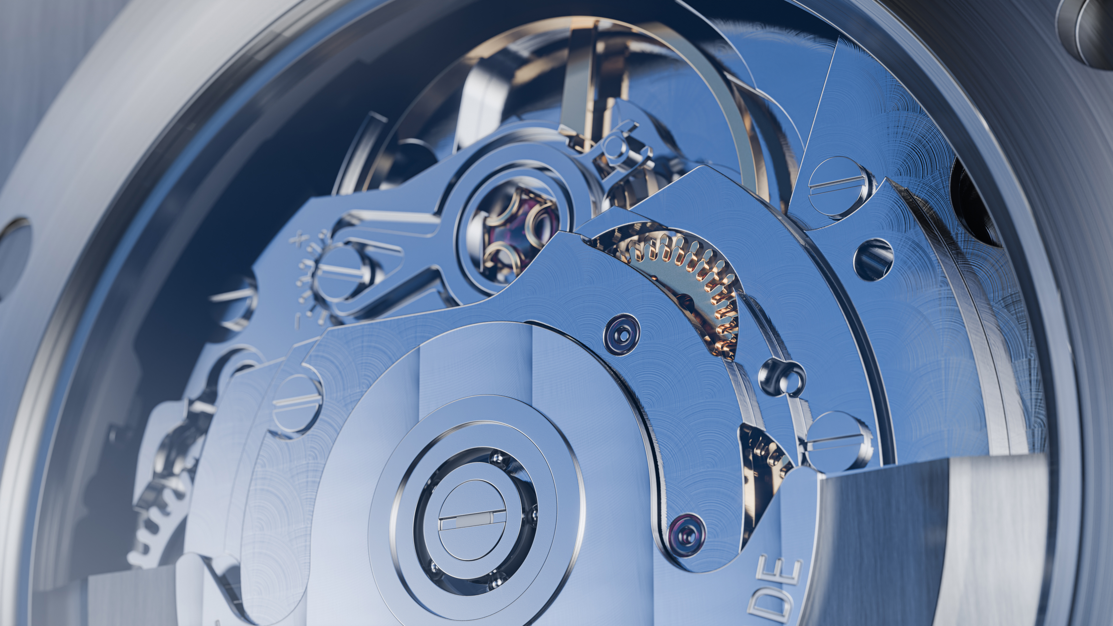 A 3D render showing a close-up, high-detail macro shot of the DWISS watch face and metal casing.