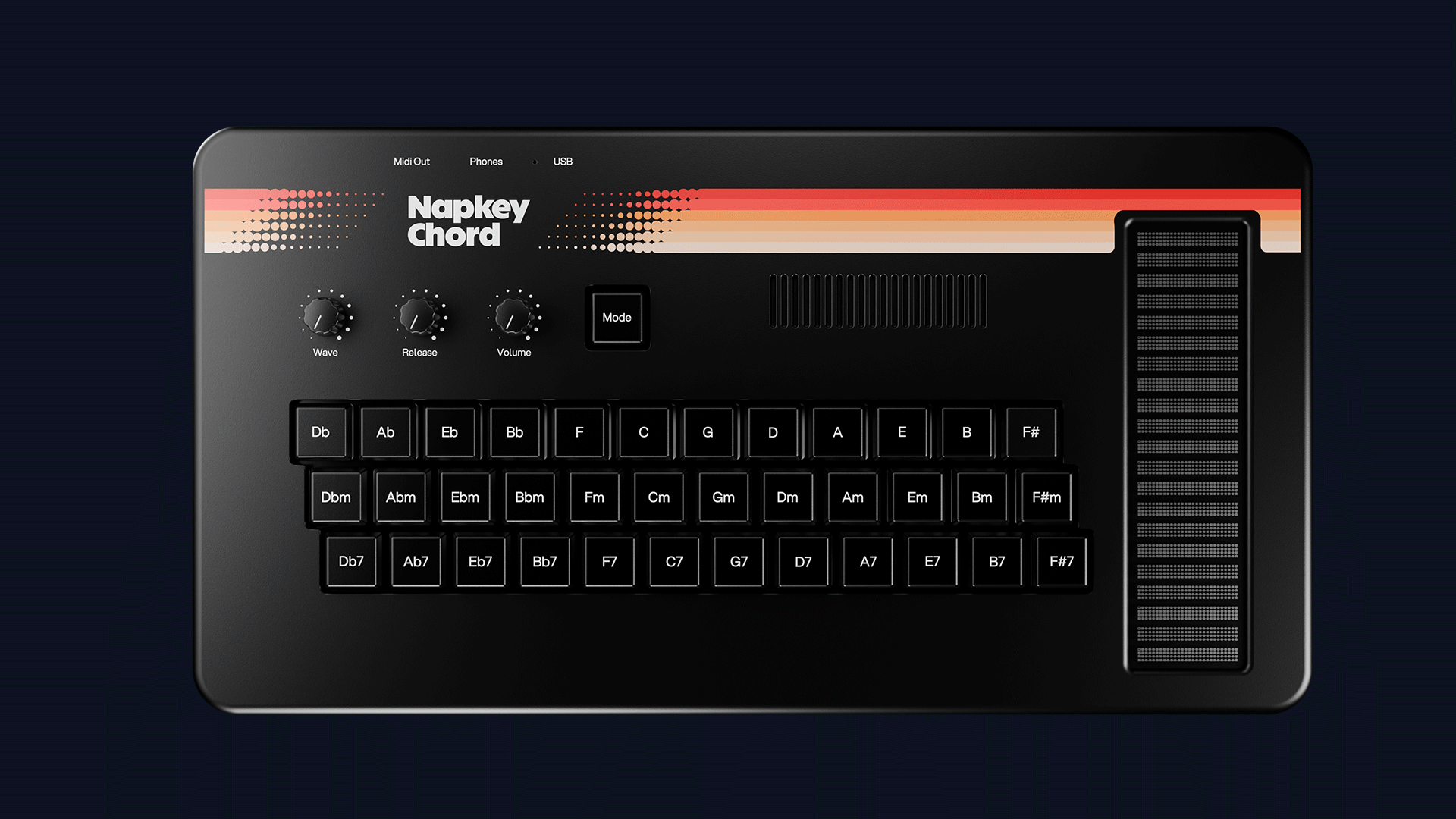 A CGI render showing the rear ports and connectivity panel of the Napkey Chord instrument.