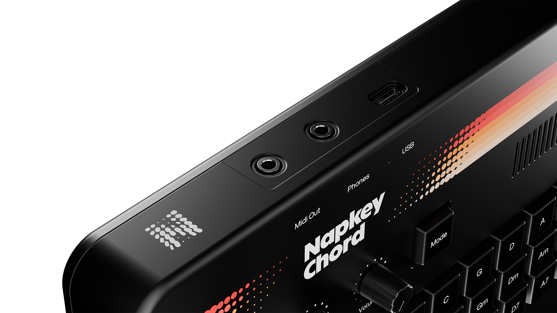 A close-up render of the Napkey Chord's interface, showing the buttons and screen area.