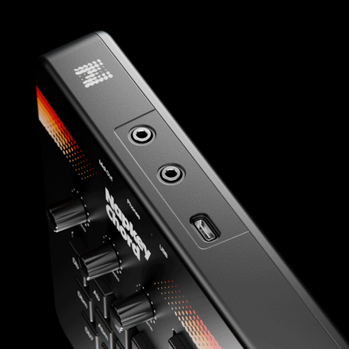 A 3D render showing the entire Napkey Chord instrument, with its black body and orange accents on a dark background.