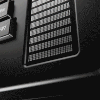 A CGI render focusing on the tactile volume knob and buttons of the Napkey Chord, with a slight reflection.