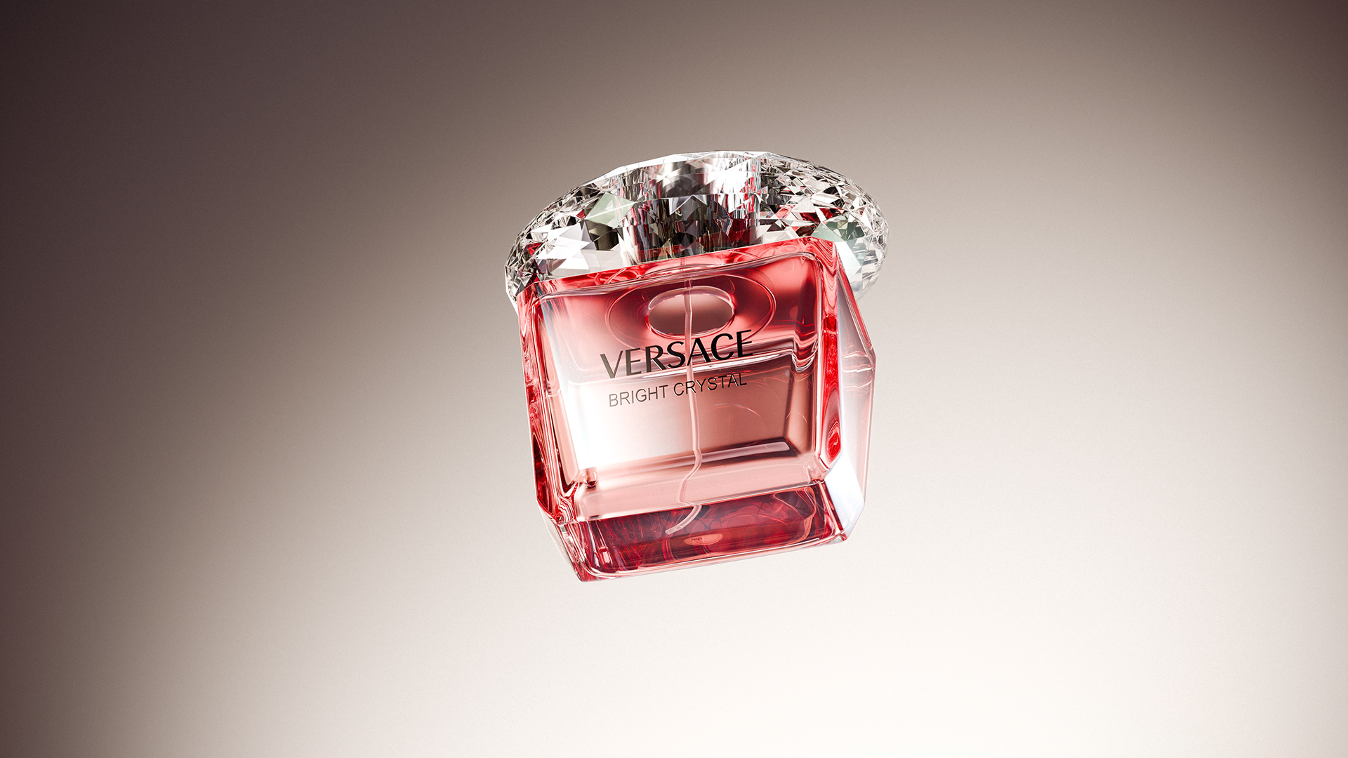 A close-up 3D render focusing on the intricate caustics and light refractions within the transparent crystal cap of the perfume bottle.