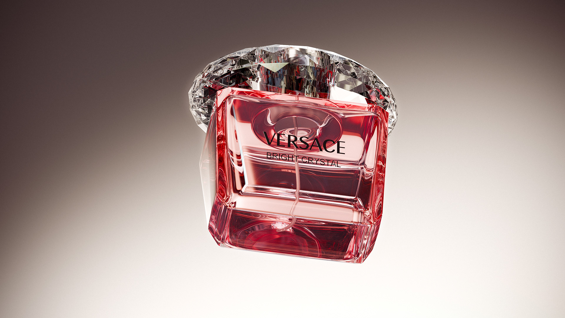 A render of the Versace perfume bottle from a unique, low-angle perspective that emphasizes its iconic shape and scale.
