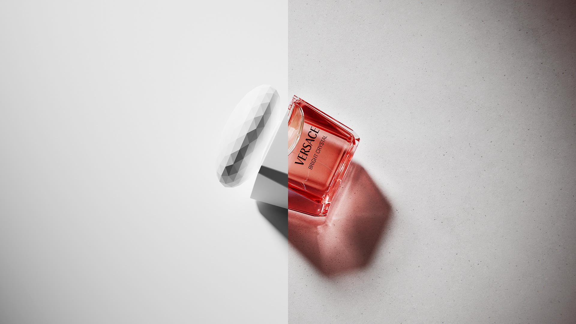 A dynamic 3D render emphasizing the complex light reflections and highlights on the polished glass and crystal surfaces of the perfume bottle.