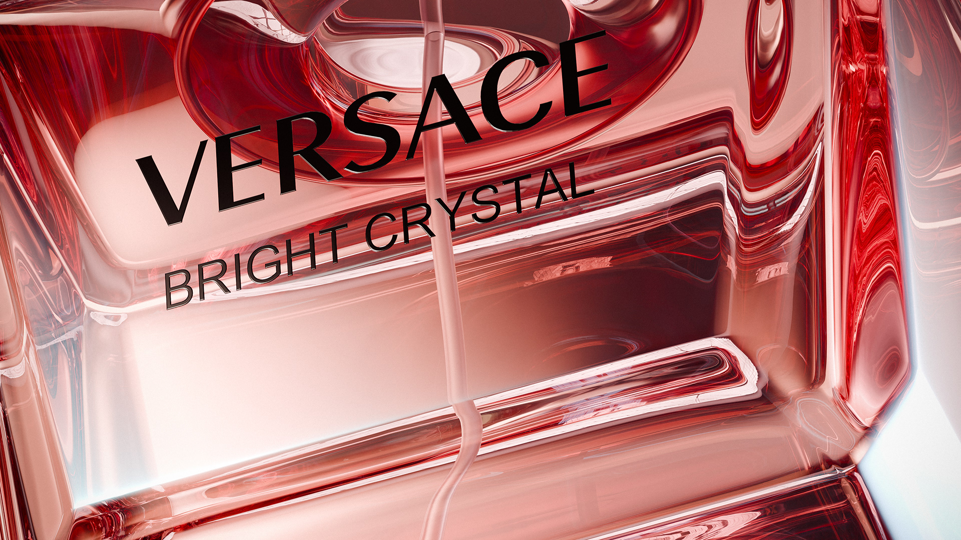 A 3D render of the Versace Bright Crystal perfume bottle, showcasing its elegant glass form and cap on a high-end reflective surface.