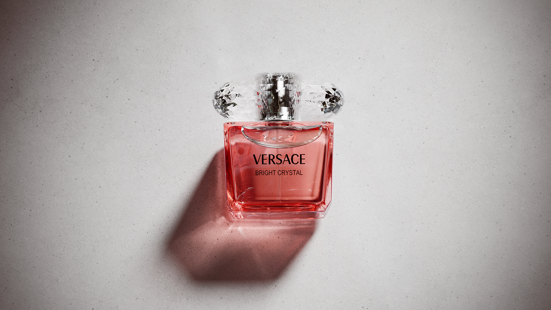 A 3D render of the Versace perfume bottle within a minimalist studio-style environment, with a soft glow on the backdrop.