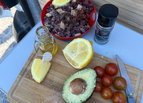 Picnic with local products from the southwest cooked in the back of a campervan rented from The Family Van.